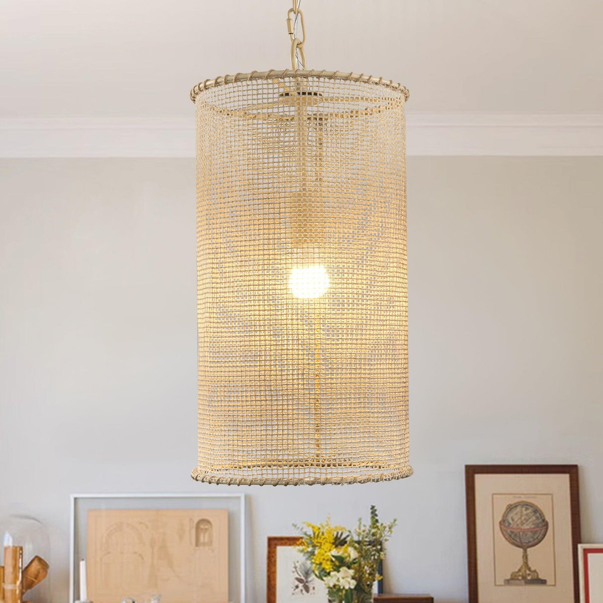1-Light Wooden Beads Farmhouse Beige Dry Rated Island Pendant Lighting