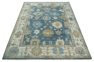 10x14 Antique Style Hand Knotted Blue, Ivory and Beige Traditional Vintage Oushak Wool Rug | TRDCP15721014
