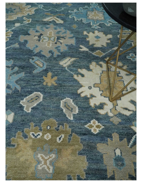 10x14 Antique Style Hand Knotted Blue, Ivory and Beige Traditional Vintage Oushak Wool Rug | TRDCP15721014