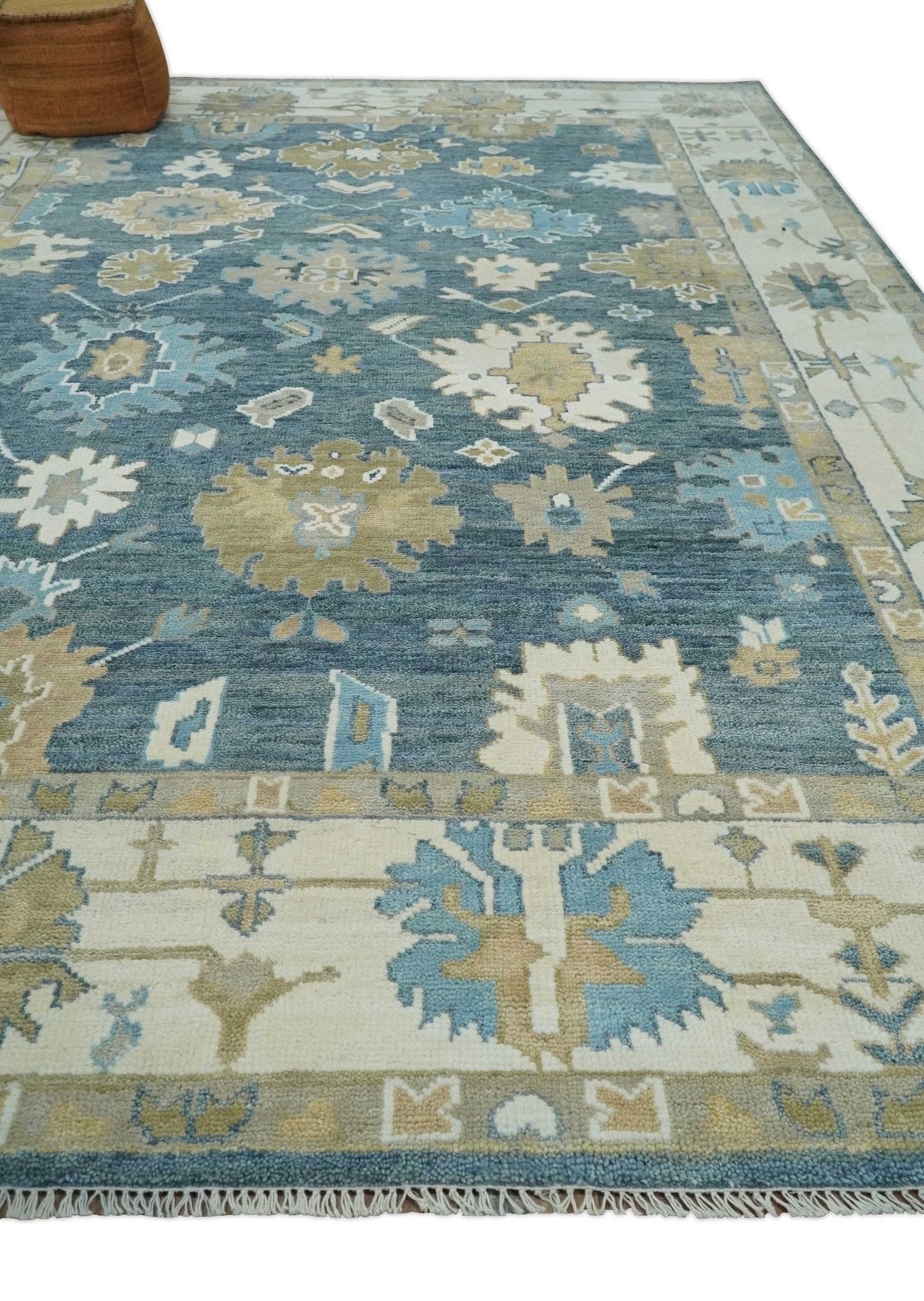 10x14 Antique Style Hand Knotted Blue, Ivory and Beige Traditional Vintage Oushak Wool Rug | TRDCP15721014