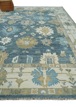10x14 Antique Style Hand Knotted Blue, Ivory and Beige Traditional Vintage Oushak Wool Rug | TRDCP15721014