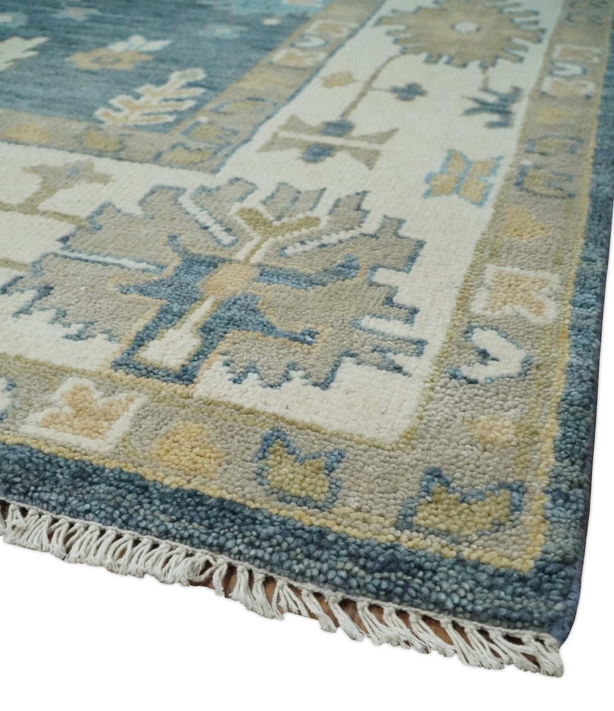 10x14 Antique Style Hand Knotted Blue, Ivory and Beige Traditional Vintage Oushak Wool Rug | TRDCP15721014