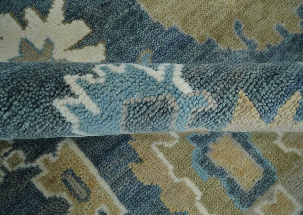 10x14 Antique Style Hand Knotted Blue, Ivory and Beige Traditional Vintage Oushak Wool Rug | TRDCP15721014