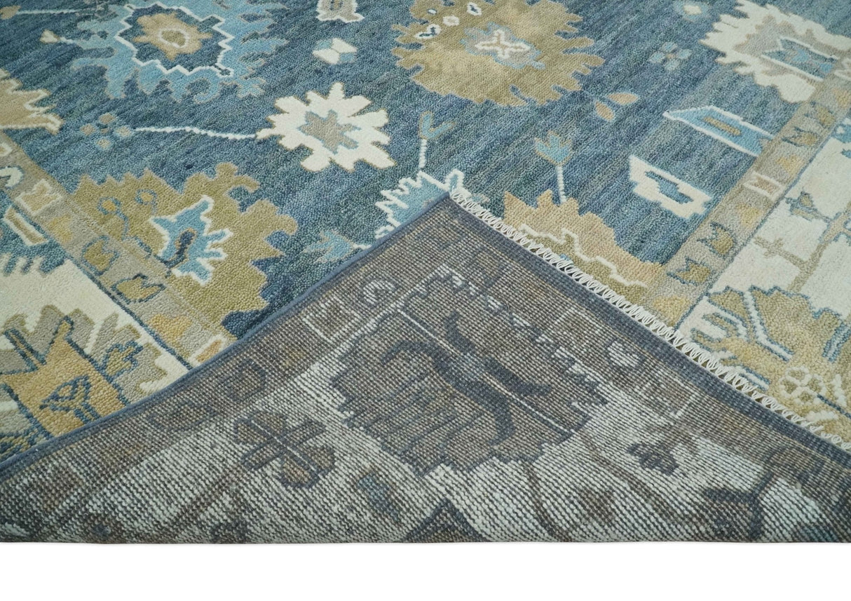 10x14 Antique Style Hand Knotted Blue, Ivory and Beige Traditional Vintage Oushak Wool Rug | TRDCP15721014