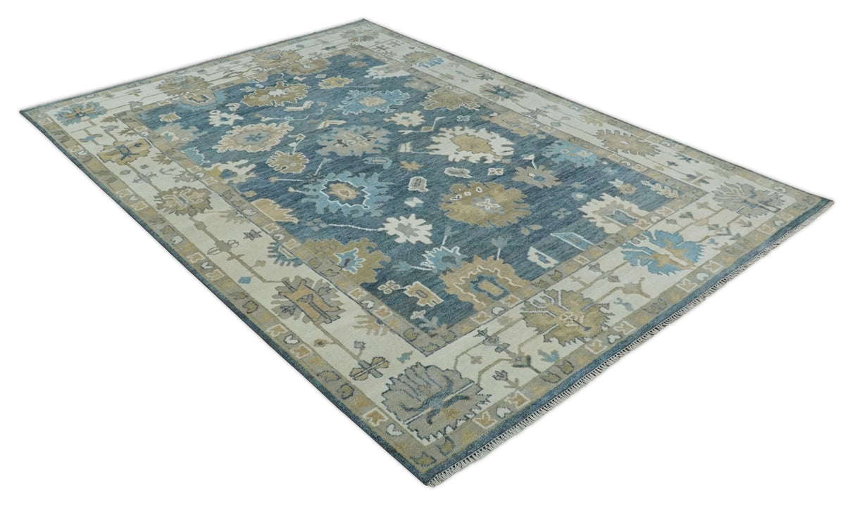10x14 Antique Style Hand Knotted Blue, Ivory and Beige Traditional Vintage Oushak Wool Rug | TRDCP15721014