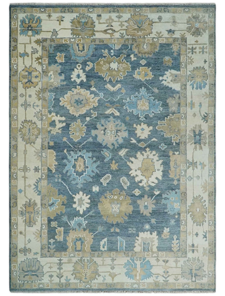 10x14 Antique Style Hand Knotted Blue, Ivory and Beige Traditional Vintage Oushak Wool Rug | TRDCP15721014
