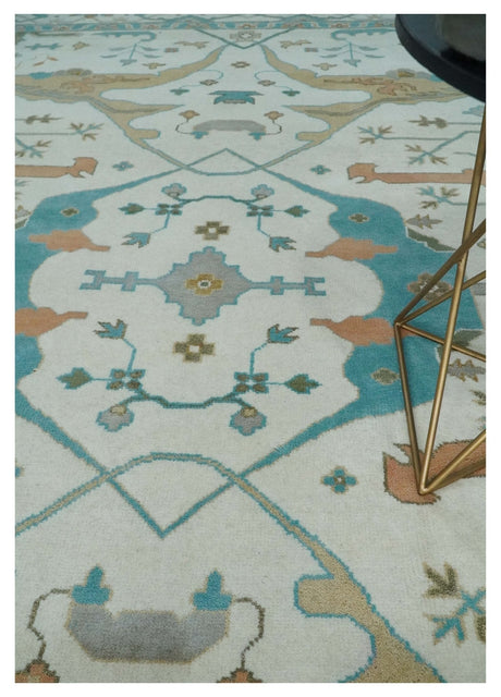 10x14 Ivory and Teal Hand knotted Oriental Oushak Traditional Wool Area Rug