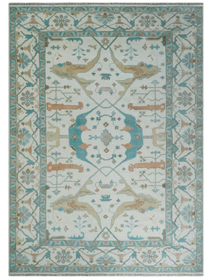 10x14 Ivory and Teal Hand knotted Oriental Oushak Traditional Wool Area Rug