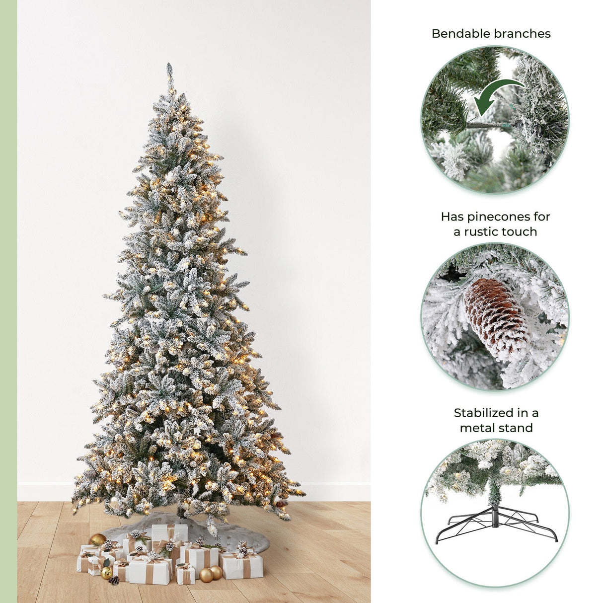 11’ Flocked Livingston Fir Artificial Christmas Tree with Pine Cones, 950 Clear Warm LED Lights and 3016 Bendable Branches