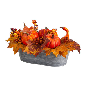 12” Fall Pumpkin and Berries Autumn Harvest Artificial Arrangement in Washed Vase