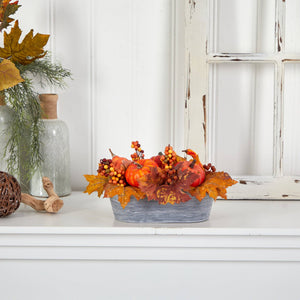 12” Fall Pumpkin and Berries Autumn Harvest Artificial Arrangement in Washed Vase