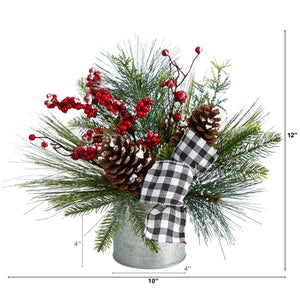 12” Frosted Pinecones and Berries Artificial Arrangement in Vase with Decorative Plaid Bow