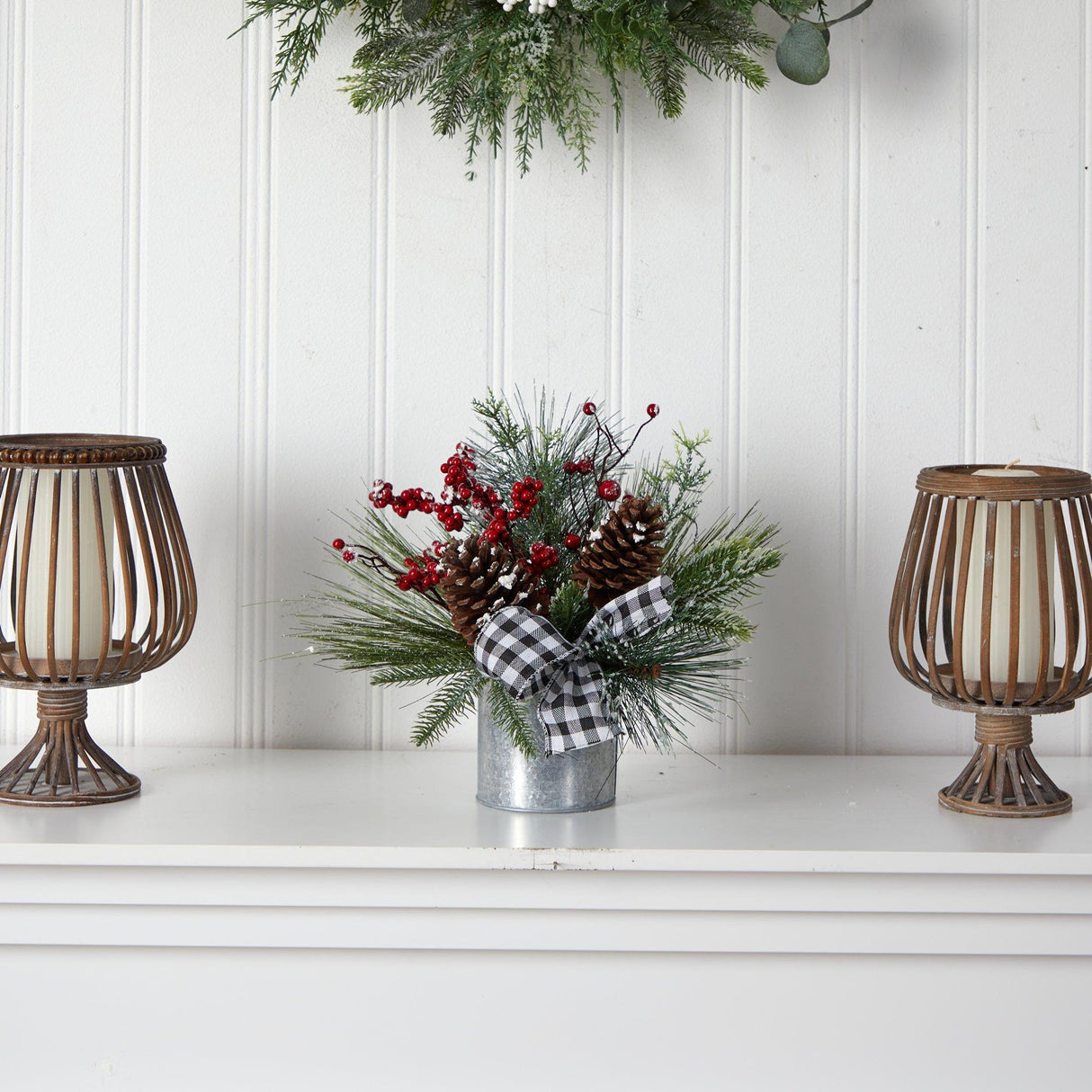 12” Frosted Pinecones and Berries Artificial Arrangement in Vase with Decorative Plaid Bow