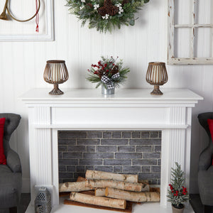 12” Frosted Pinecones and Berries Artificial Arrangement in Vase with Decorative Plaid Bow