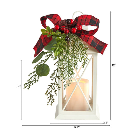 12" Holiday White Lantern With Berries, Pine and Plaid Bow Christmas Table Arrangement"