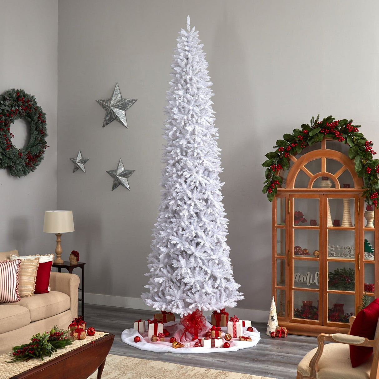 12’ Slim White Artificial Christmas Tree with 3235 Bendable Branches