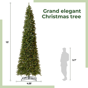 13’ Artificial Slim Green Mountain Pine Christmas Tree with 1360 Warm White LED Lights and 3924 Bendable Branches
