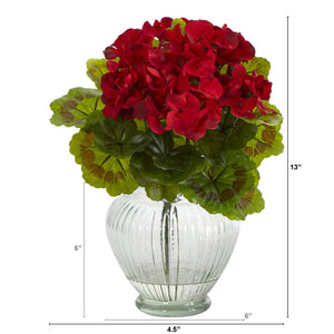 13” Geranium Artificial Plant in Glass Planter UV Resistant (Indoor/Outdoor)