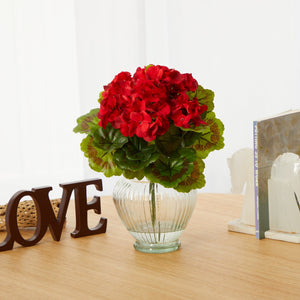 13” Geranium Artificial Plant in Glass Planter UV Resistant (Indoor/Outdoor)