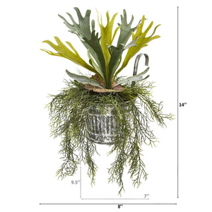 14” Staghorn and Tillandsia Artificial Plant in Vintage Hanging Metal Pail