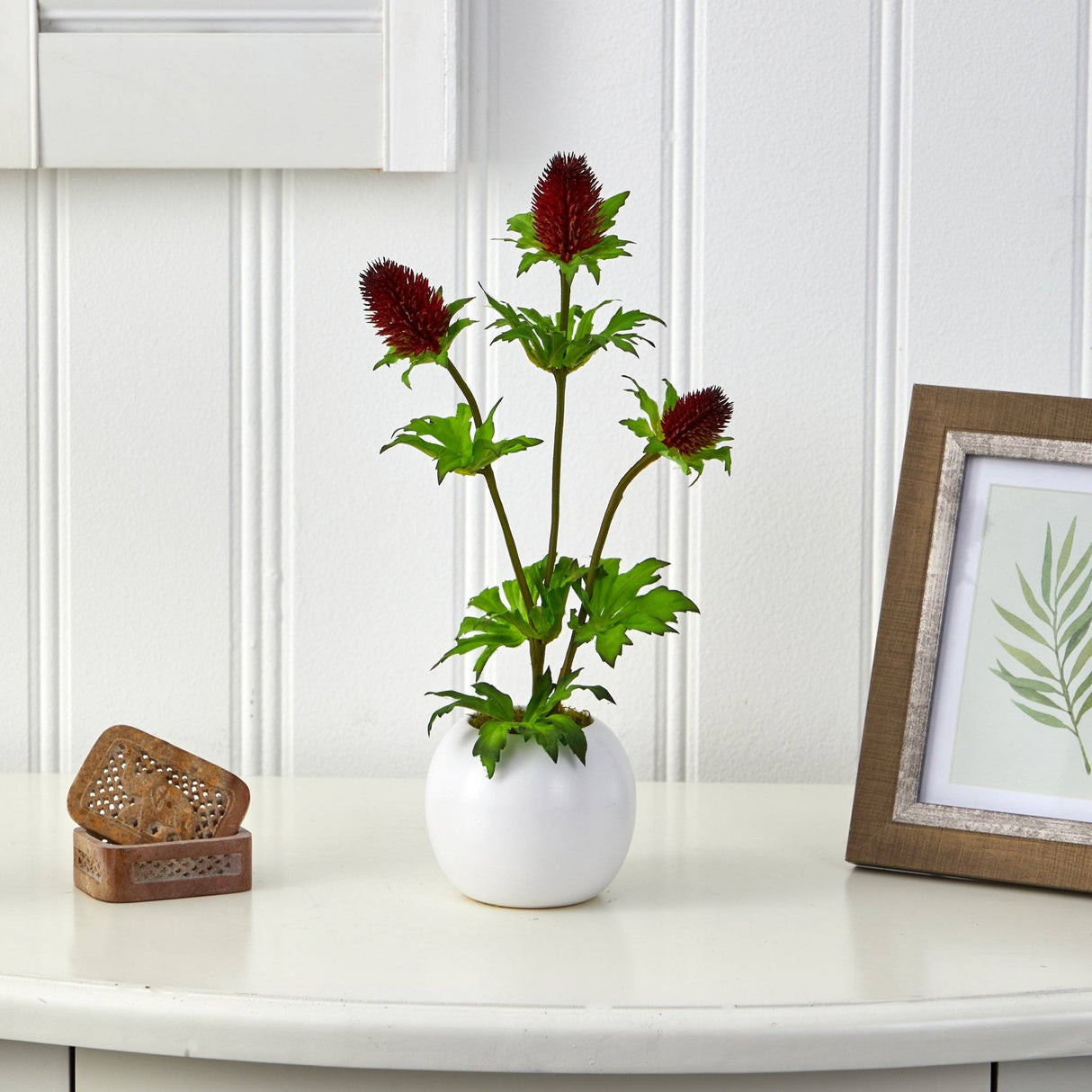 14” Thistle Artificial Arrangement in White Vase