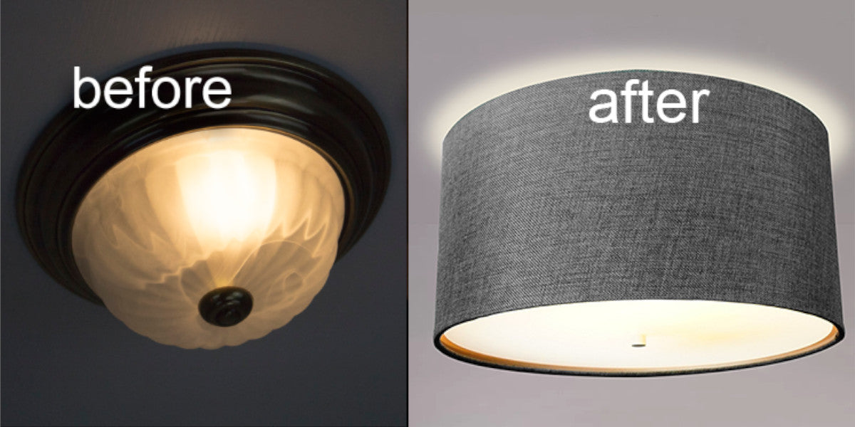 14"W Moderne Flush Mount Conversion Kit Granite Gray Burlap Hardback Drum Lampshade