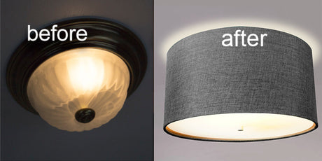 14"W Moderne Flush Mount Conversion Kit Granite Gray Burlap Hardback Drum Lampshade