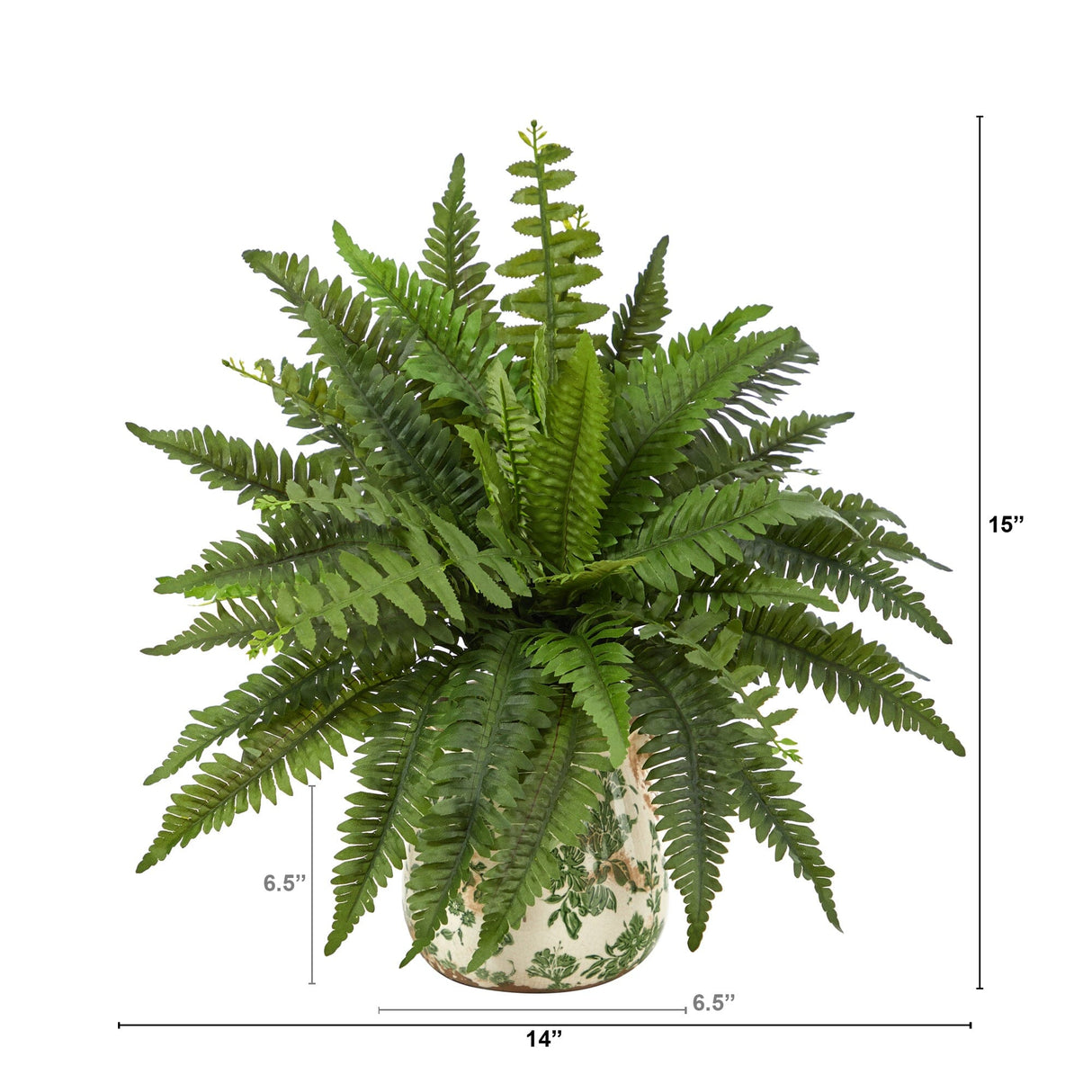 15” Boston Fern Artificial Plant with Tuscan Ceramic Green Scroll Planter