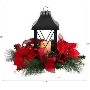 15” Holiday Poinsettia, Pinecone and Greenery with Lantern and LED Candle Table Arrangement