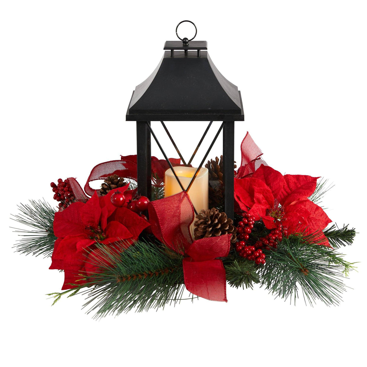 15” Holiday Poinsettia, Pinecone and Greenery with Lantern and LED Candle Table Arrangement