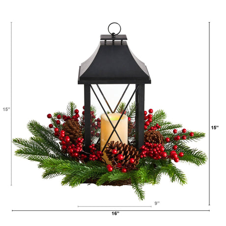 16" Holiday Berries, Pinecones and Greenery with Lantern and Included LED Candle Table Arrangement"