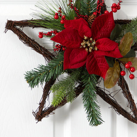 16” Holiday Christmas Poinsettia Star Twig Wreath