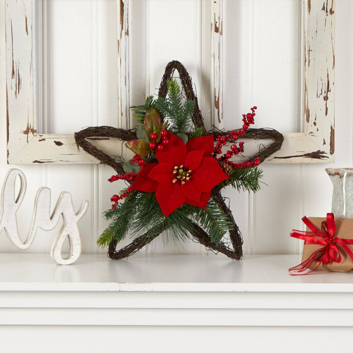 16” Holiday Christmas Poinsettia Star Twig Wreath