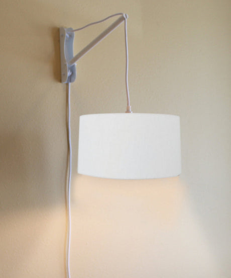 16"W 2 Light MAST Plug-In Wall Mount Pendant White Linen Drum with Diffuser White Cord/Arm