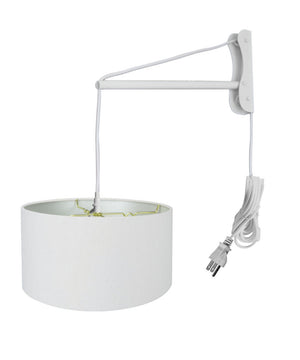 16"W 2 Light MAST Plug-In Wall Mount Pendant White Linen Drum with Diffuser White Cord/Arm