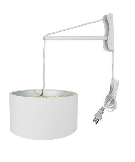 16"W 2 Light MAST Plug-In Wall Mount Pendant White Linen Drum with Diffuser White Cord/Arm