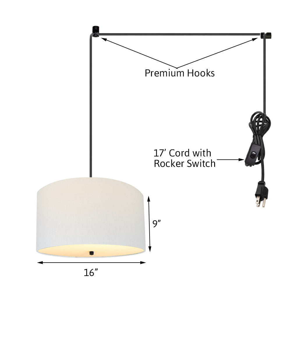 16"W 2 Light Swag Plug-In Pendant White Linen Drum with Diffuser Black Cord