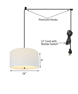 16"W 2 Light Swag Plug-In Pendant White Linen Drum with Diffuser Black Cord