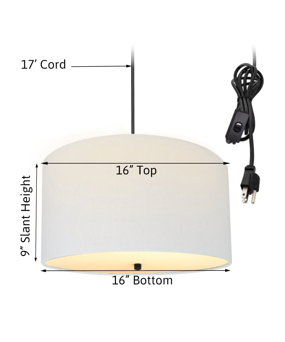 16"W 2 Light Swag Plug-In Pendant White Linen Drum with Diffuser Black Cord