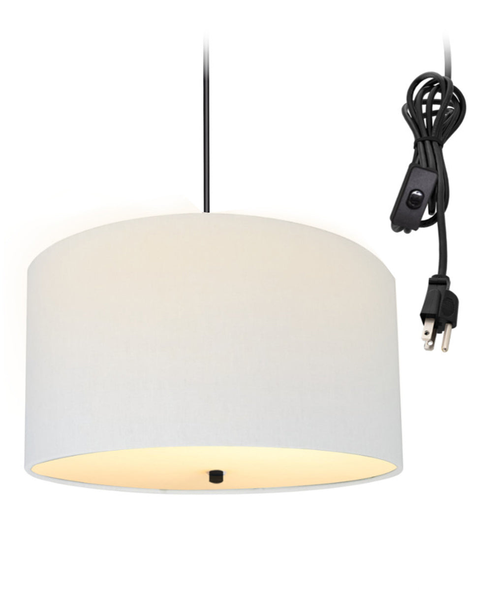 16"W 2 Light Swag Plug-In Pendant White Linen Drum with Diffuser Black Cord