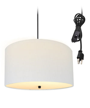 16"W 2 Light Swag Plug-In Pendant White Linen Drum with Diffuser Black Cord