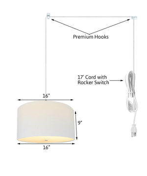16"W 2 Light Swag Plug-In Pendant White Linen Drum with Diffuser White Cord