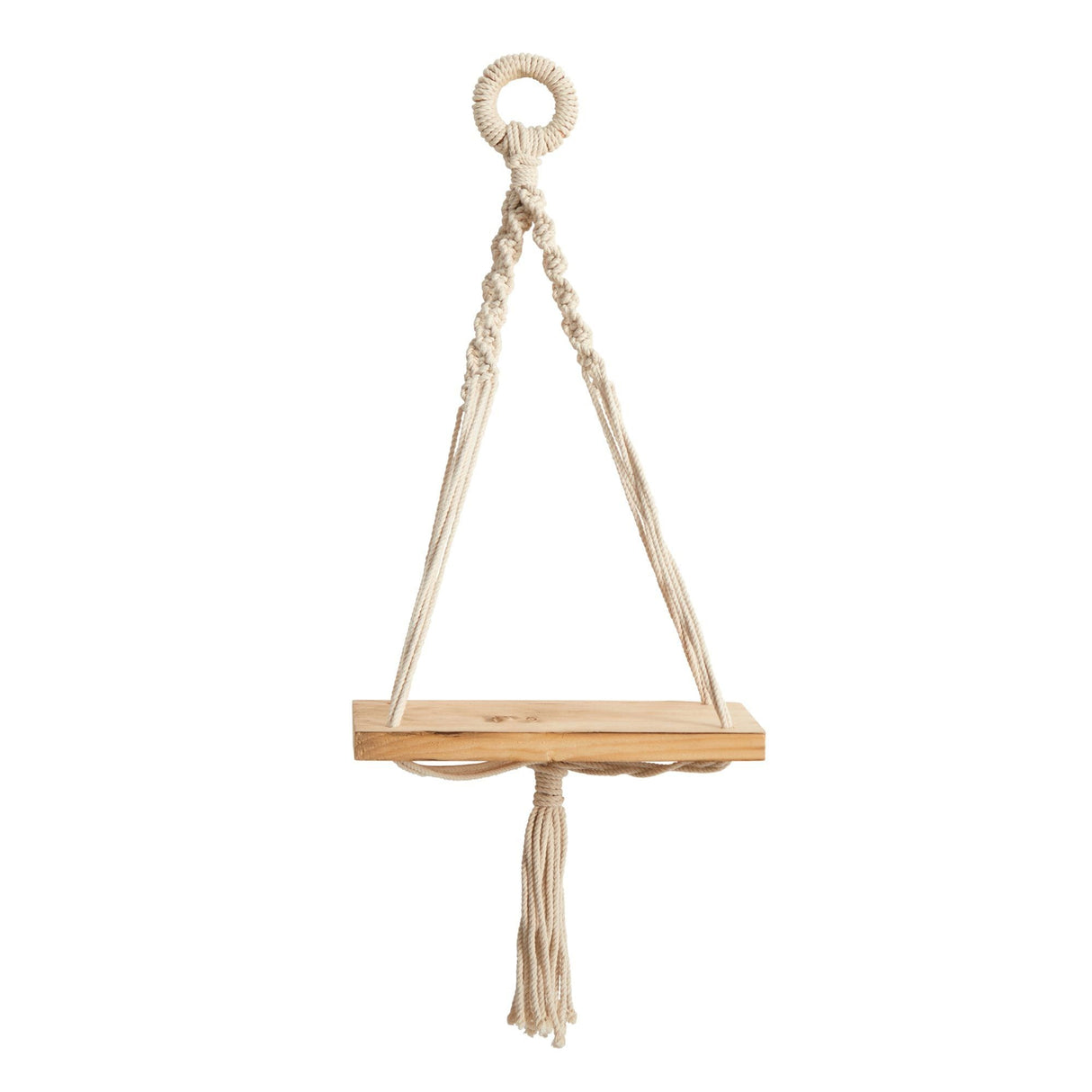 18" Boho Chic Wood Macrame Single Shelf Wall Art Decor"