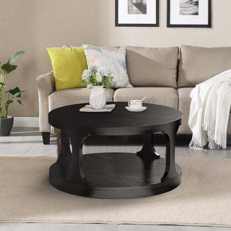 18"H Antique Black Round Structure Coffee Table with Open Shelf