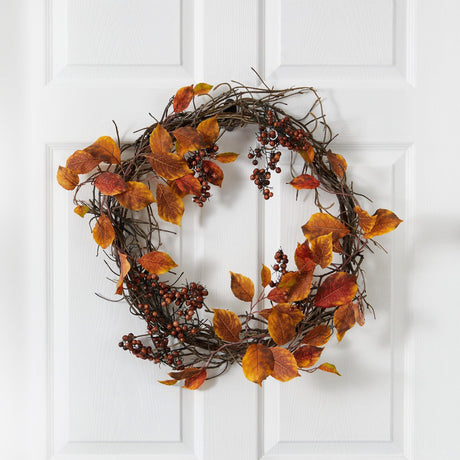 19” Harvest Leaf, Berries and Twig Artificial Wreath