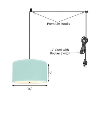 2 Light Swag Plug-In Pendant 16"w Island Paradise Aqua Linen Drum with Diffuser, Black Cord