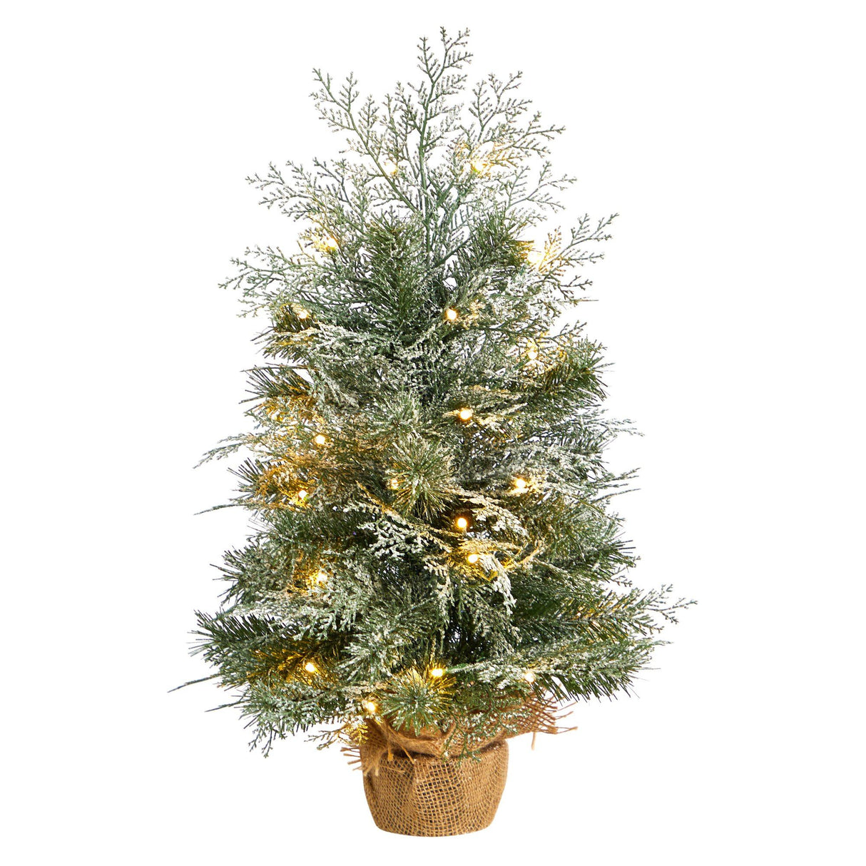 2’ Winter Frosted Artificial Christmas Tree with 35 LED Lights in Burlap Base