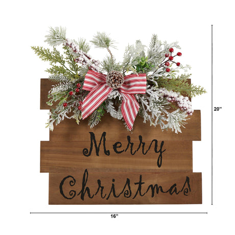 20" Holiday Merry Christmas Door Wall Hanger with Pine and Berries Stripped Bow Wall Art Décor"