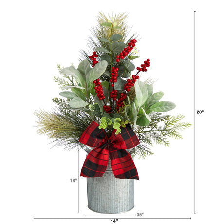 20" Holiday Winter Greenery, Pinecone and Berries with Buffalo Plaid Bow Christmas Arrangement"