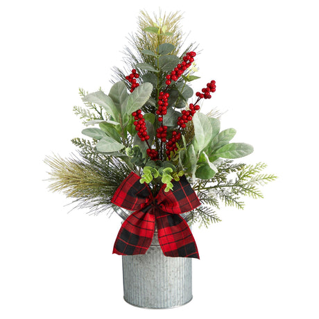 20" Holiday Winter Greenery, Pinecone and Berries with Buffalo Plaid Bow Christmas Arrangement"